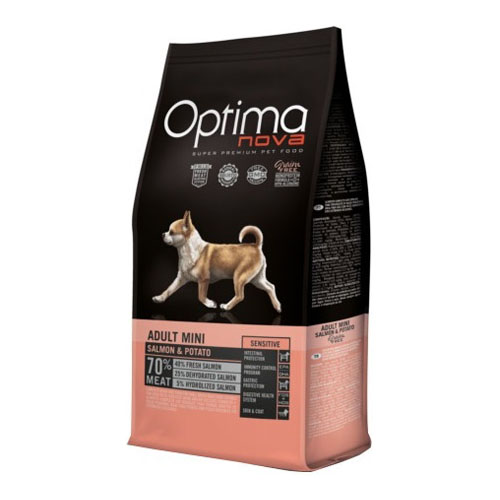 Optima Nova Adult Mini Sensitive. Kornfrit premium hundemad med laks til små hunde. For sund hud og skinnende pels