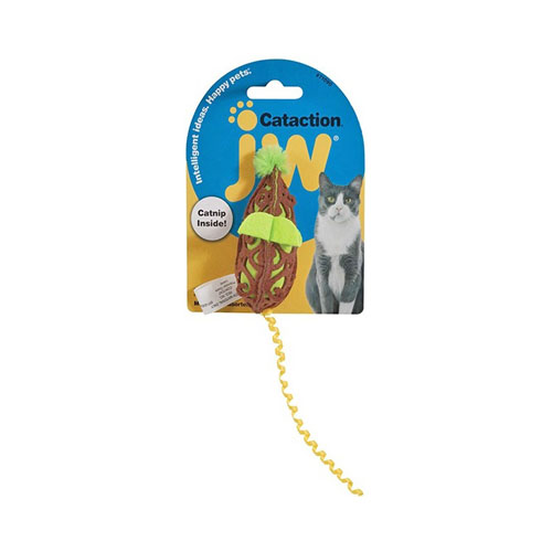 JW cataction mouse grøn og brun. spændende legetøjsmus med katturt og sjov krøllet hale. ideel til killinger og katte